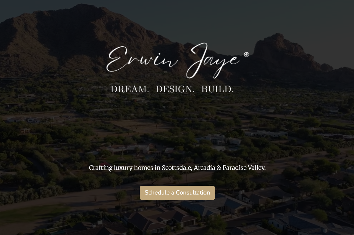 Screenshot of ErwinJaye.com featuring a full-page video background of the Arcadia neighborhood in Phoenix, Arizona.