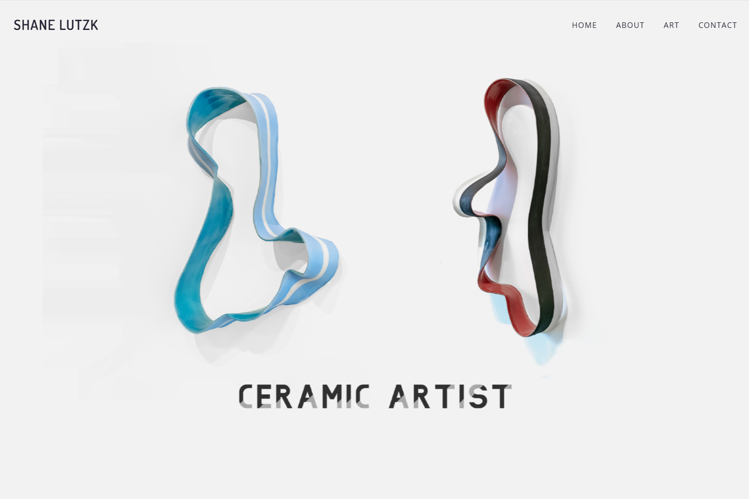 Screenshot of the Shane Lutzk portfolio design by Sunflwr & Co. Website features a full-page image background of Shane's ceramic artistry.