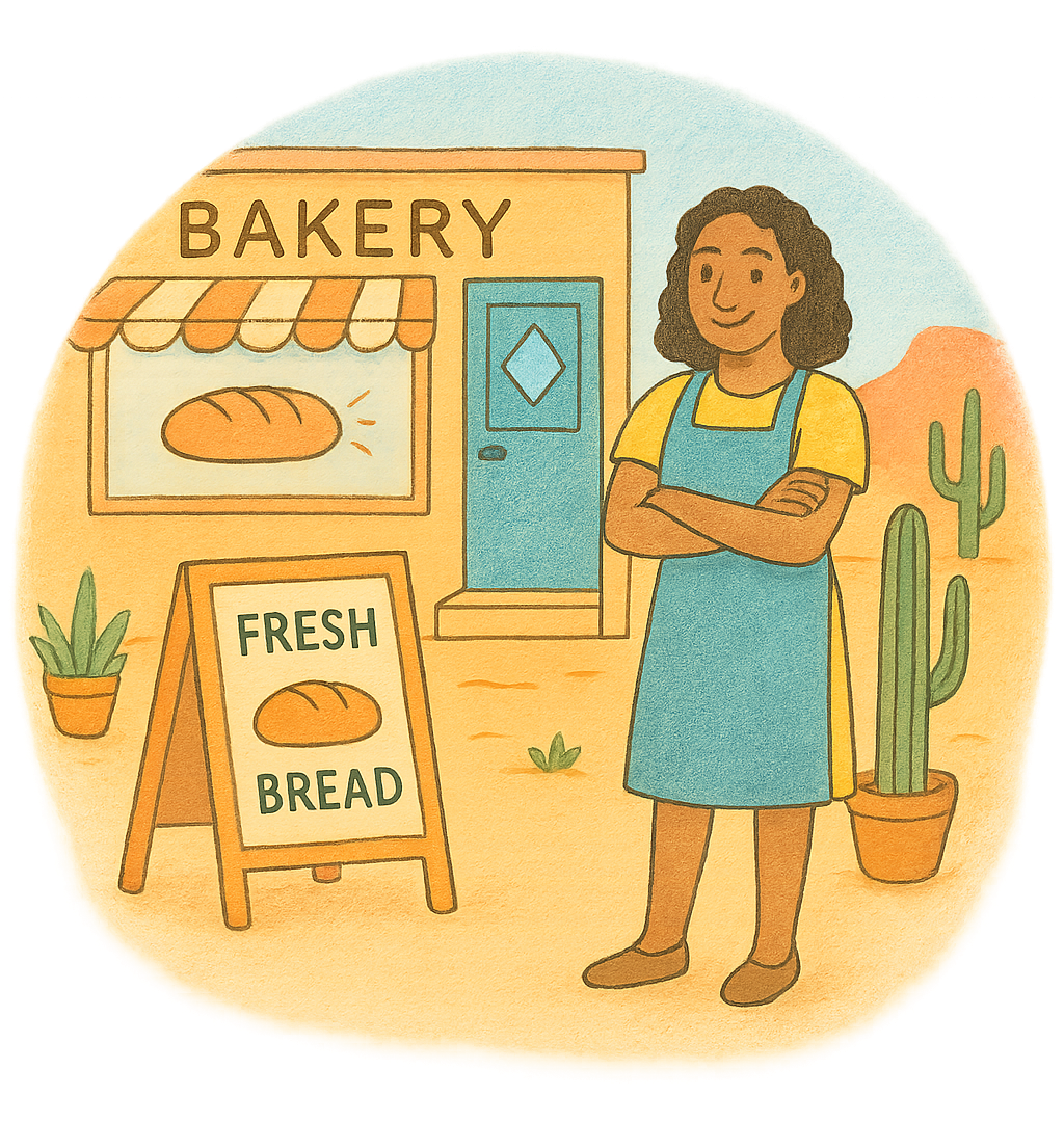 Small business owner standing in front of her bakery in Phoenix, Arizona.