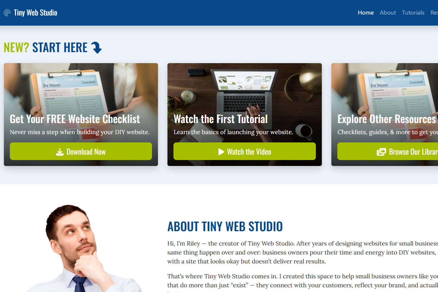 Screenshot of the Tiny Web Studio website, a personal blog created by Sunflwr & Co.